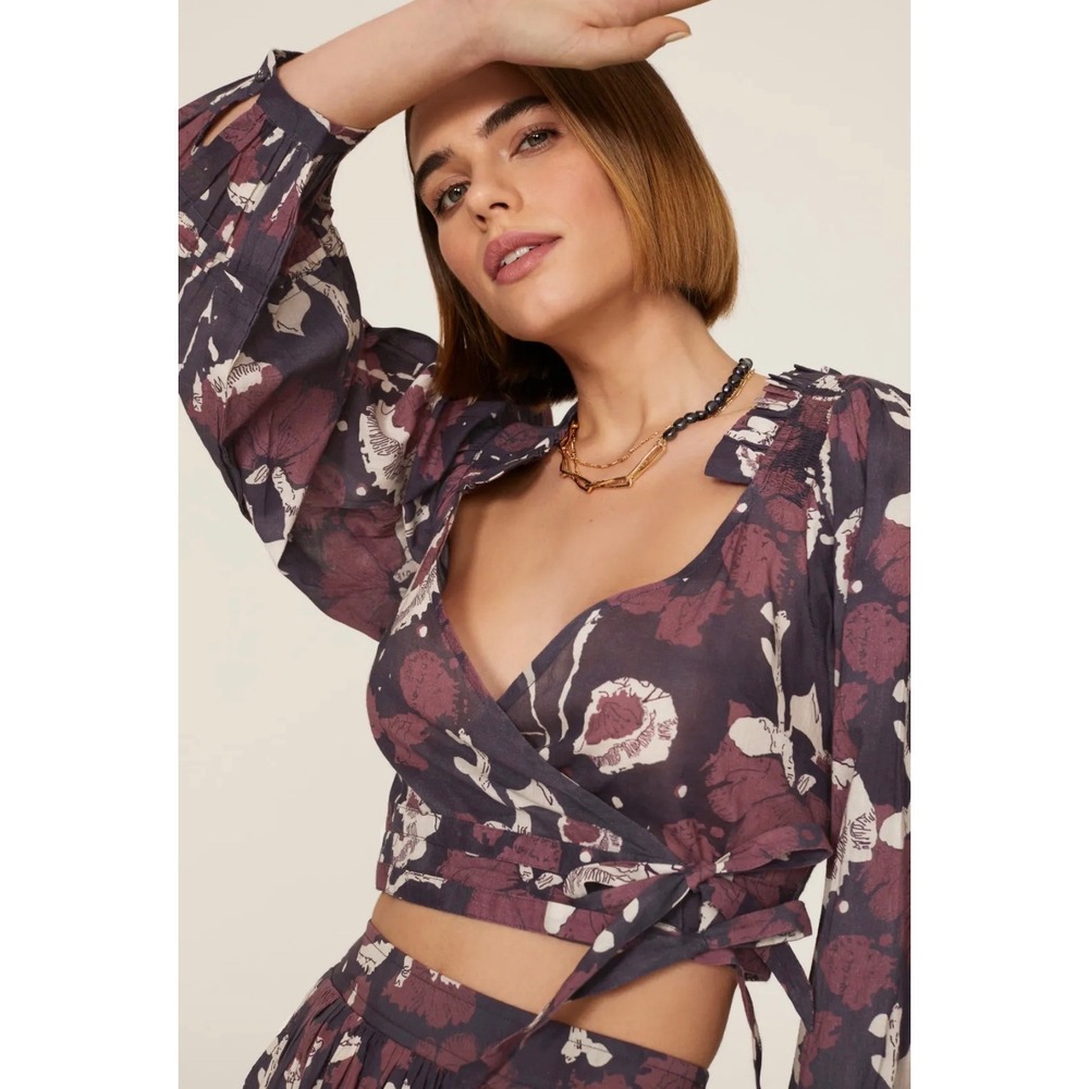 Cleobella Plum Floral Woodblock Print Wrap Crop Top Puff‎ Sleeve Smocked Back S